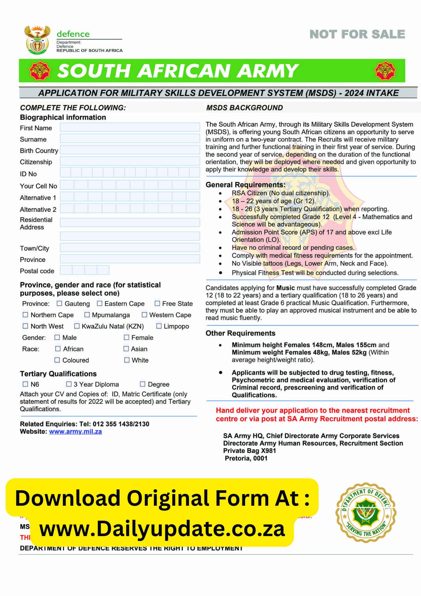 SADF ARMY APPLICATION FORMS 2024